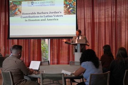 John Baugh, director of Rice's Center for Advancing Linguistic Science, discusses the legacy of former U.S. Rep. Barbara Jordan and her contributions to voting rights for Latino communities during the Oct. 7 forum.