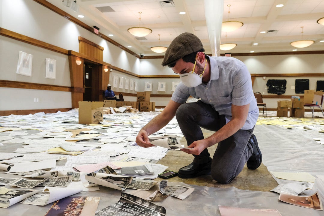 Archive curator Joshua Furman recovering materials from Congregation Beth Yeshurun after Hurricane Harvey