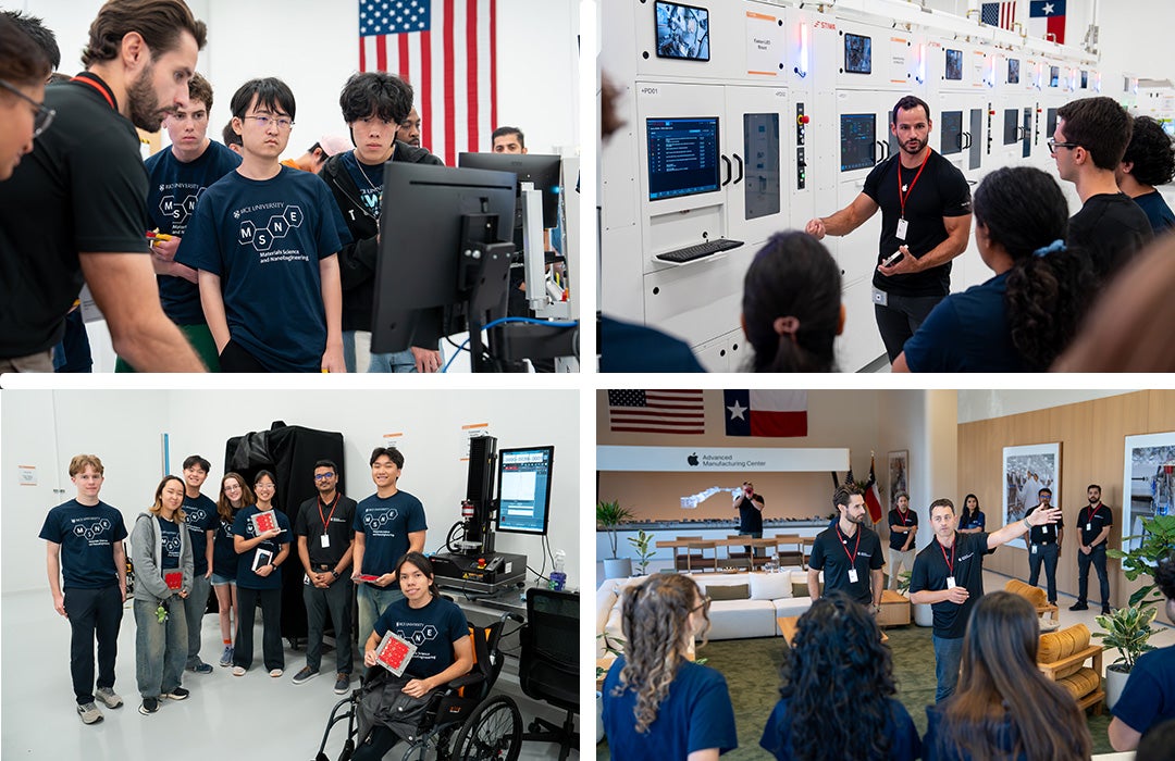 Rice University materials science and nanoengineering students gained hands-on experience in AI server production and surface-mount technology during an exclusive tour of Apple’s new Advanced Manufacturing Center in Houston.