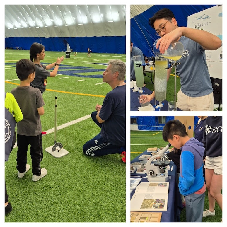 A collage of images showing volunteers and students engaging in science outreach