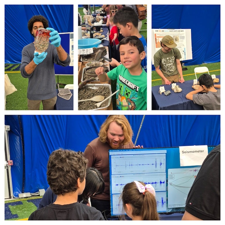 A collage of volunteers and children engaging in science outreach activities.