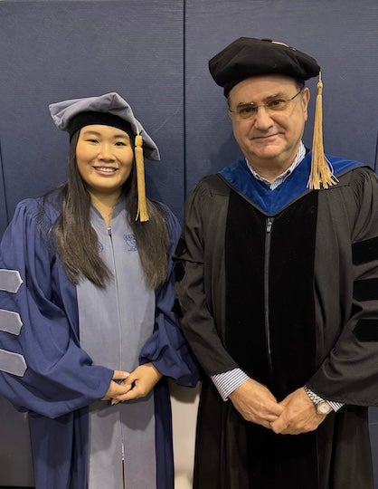 Emily Jiang and Antonios Mikos at Rice’s commencement May 2026. 