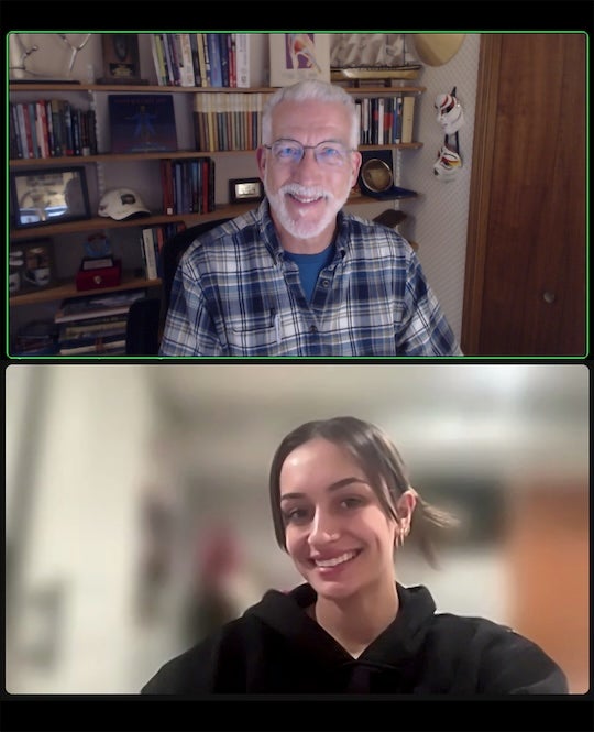 Jeff Russell and Priya Armour on a Zoom call during Armour's Owl Edge externship experience.