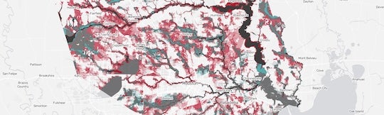 FEMA flood maps for Harris County outline areas of estimated flood risk, but researchers say they may not fully capture how extreme rainfall events can impact neighborhoods across Houston. (Image courtesy FEMA)