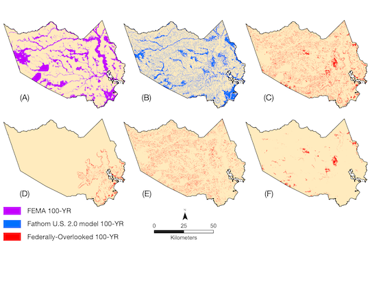 Where flood risk hides off the map: An independent model (blue) highlights 100-year flood areas beyond FEMA’s zones (purple). Red pockets show “federally-overlooked” risk—places flagged by the model but not by FEMA.