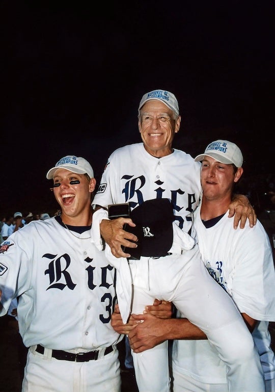 Wayne Graham being carried by Rice baseball players
