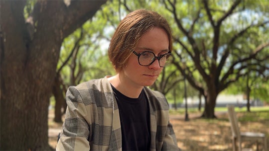 Hazel Landers sitting outside Brochstein Pavilion