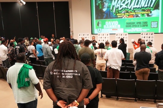 Attendees gather inside Rice University’s Bioscience Research Collaborative for the “Real Men Real Talk” mental wellness conference, part of a two-day event focused on Black men’s health and community connection.