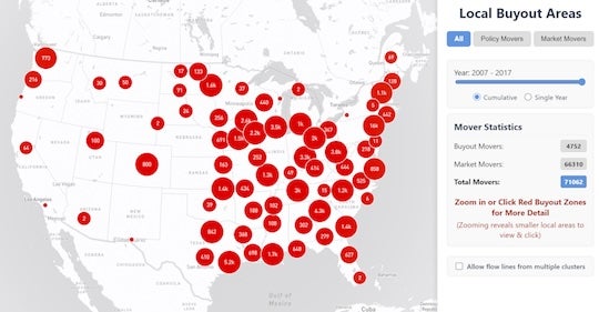 A U.S. map from Rice University’s FEMA buyout mapping tool shows clusters of buyouts and market moves between 2007 and 2017, revealing relocation patterns nationwide.