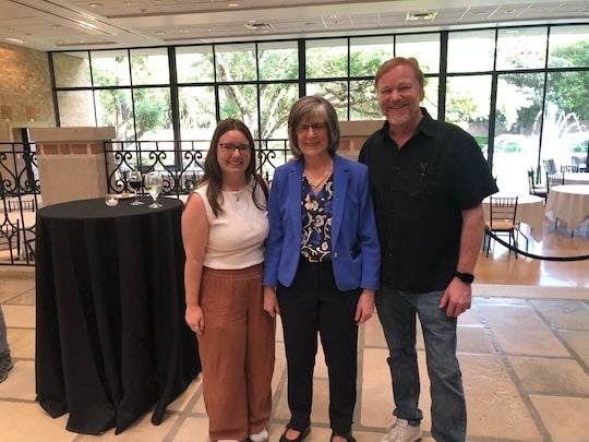 Cary Jensen, right, poses with his former doctoral advisor, Professor Emeritus Randi Martin, and Rachel Zahn, Martin's most recent Ph.D. student, at Martin's retirement celebration at Rice University in April 2025.