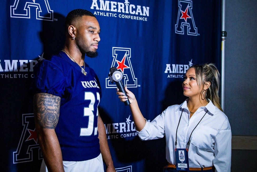 Rice head coach Mike Bloomgren and a group of players represented the Owls at AAC Media Day July 24-25.