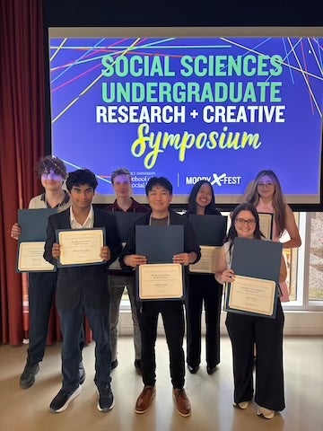Student award winners pose following the Social Sciences Undergraduate Research and Creative Symposium at Rice University. Back row, from left: Mason Istre, Erik Hill, Alexandra Xu and Chloé Khuri. Front row, from left: Shanti Majumder, Andrew Yang and Abbey Perez.