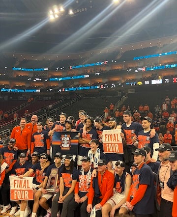 Players celebrate on the court after clinching a spot in the Final Four during the NCAA Division I Men’s Basketball Tournament South Regional at Toyota Center. Photo courtesy of Kyle Leung