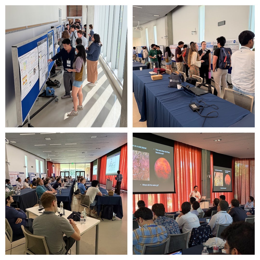 Four photos show groups of people discussing posters or sitting in presentations.