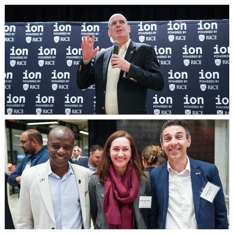 top, a white man in a suit is speaking with his hand raised. Bottom, a group of three people in suits, one black man, one white woman, and one white man, smile at the camera.