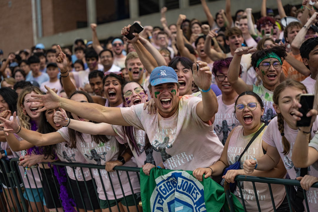 Jones College students cheering on their Beer Bike team