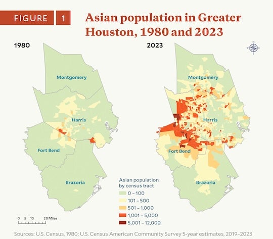 Asian population in the Greater Houston area by census tract in 1980 and 2023, illustrating significant growth and geographic expansion over time.