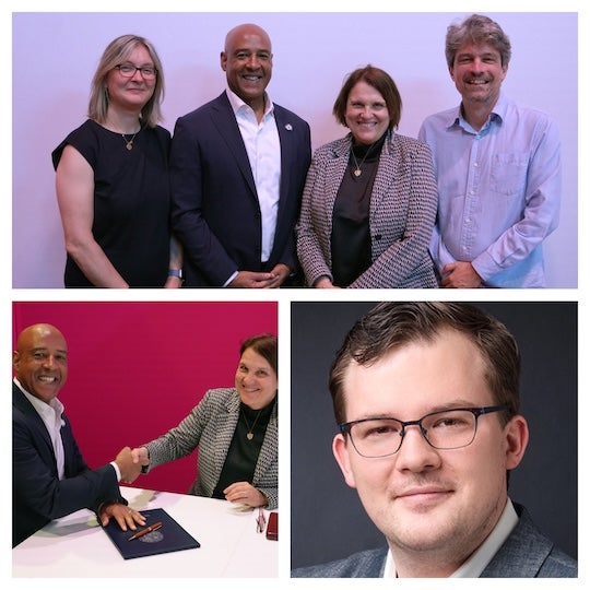 A collage of people signing a document and one headshot of a white man.
