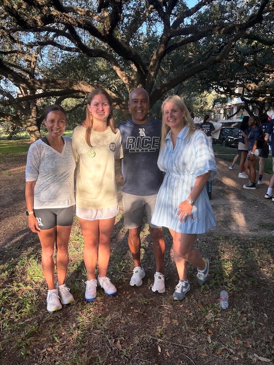 Rice President Reginald DesRoches and the family of Elle Anderson, Rice trustee and alum, during 2026 move-in day.
