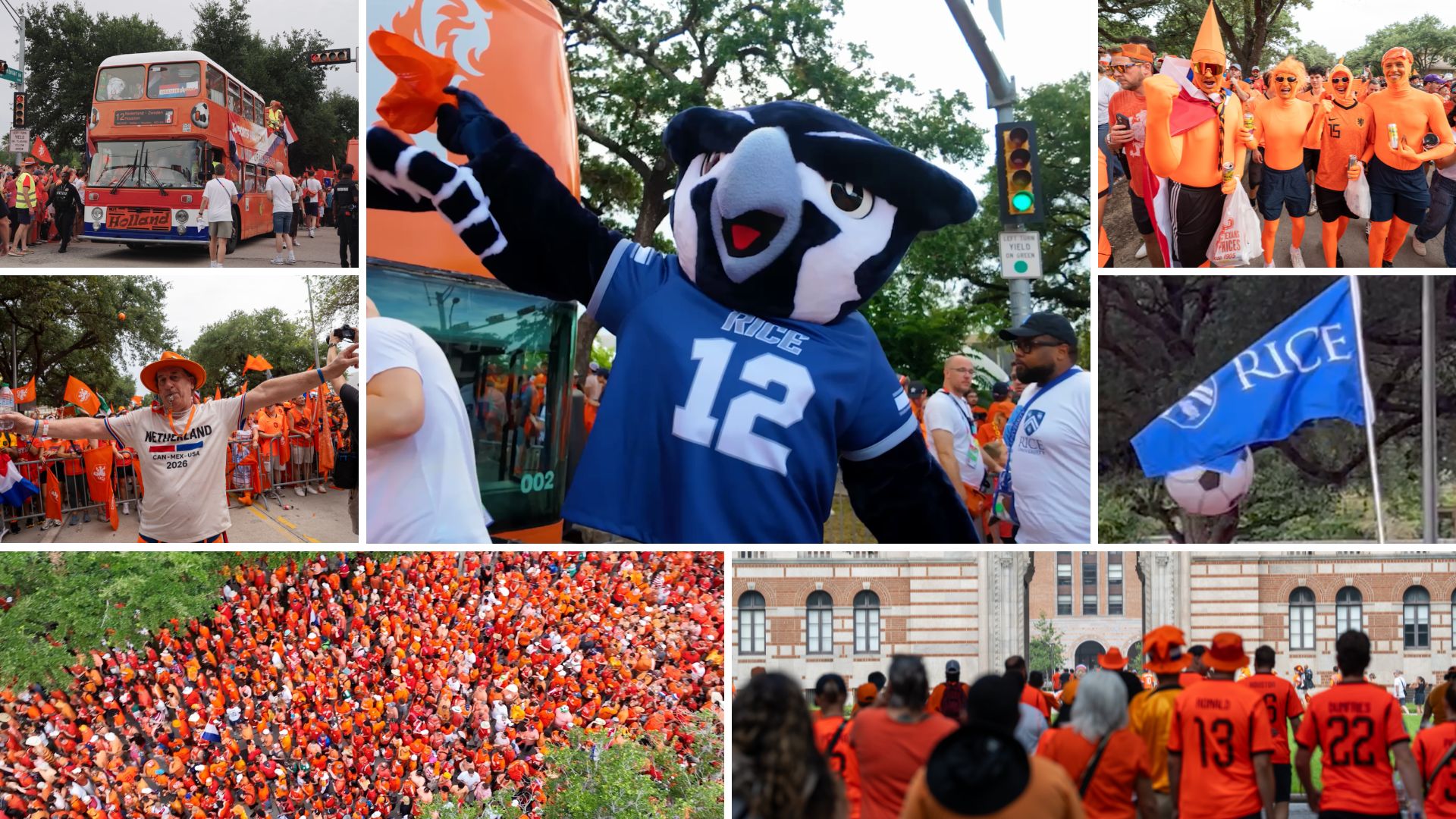 collage of photos of Dutch fans lining up around the Orange double-decker bus