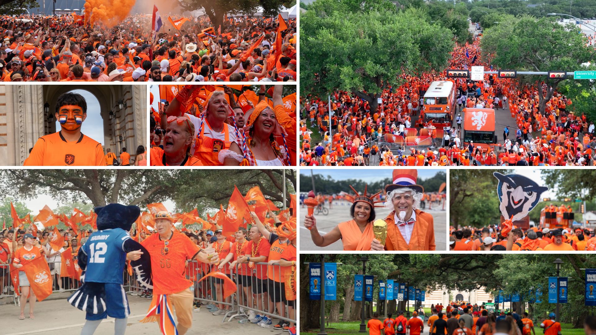 collage of Dutch soccer fans gathering on the Rice campus wearing orange