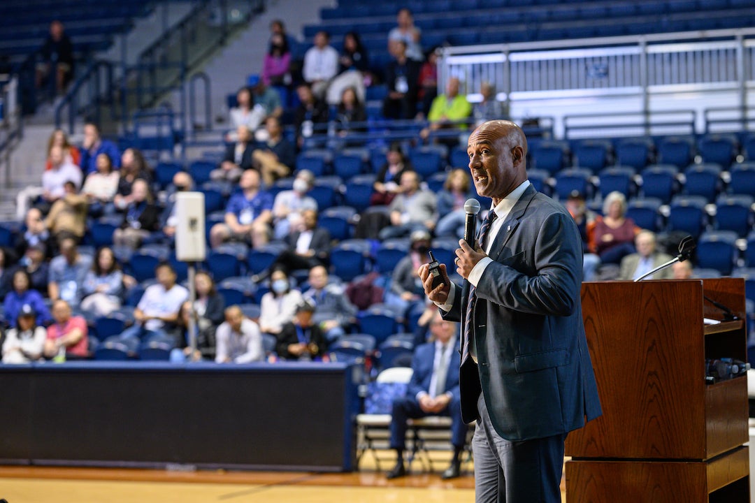 Rice President Reginald DesRoches at Owl Together 2022 alumni town hall