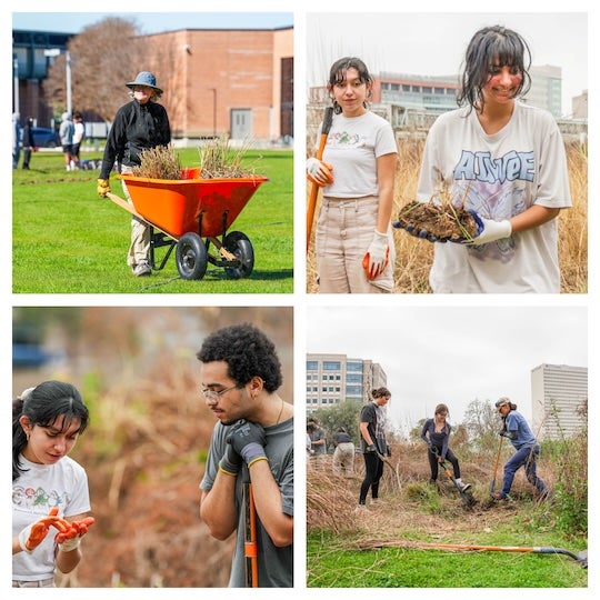 A collage of photos of people working in a prairie