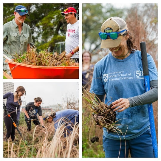 A collage of photos of people working on the prairie. 