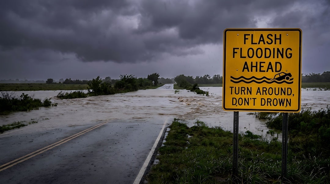 stock image of flash flooding water across a roadway