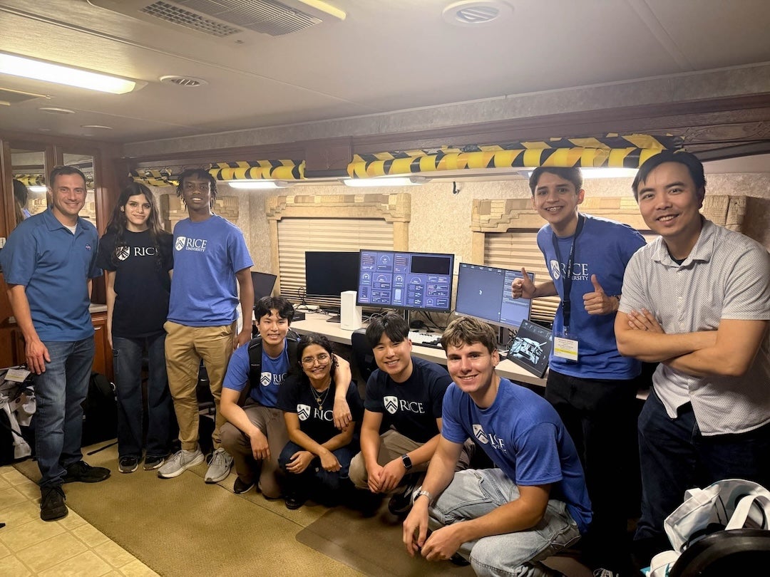 A team photo, including NASA mentor Alex Kanelakos (far left) and Rice faculty mentor Robert LiKamWa (far right). 