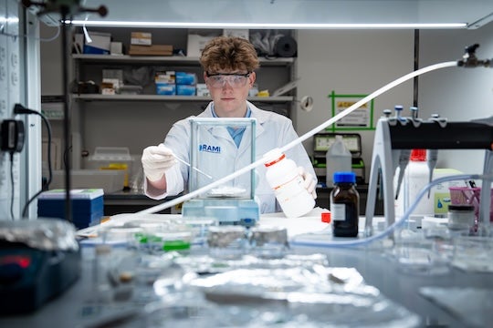 Simon M. King, a sophomore studying chemical and biomolecular engineering and first author of the study (Photo and video credit: Jorge Vidal/Rice University). 