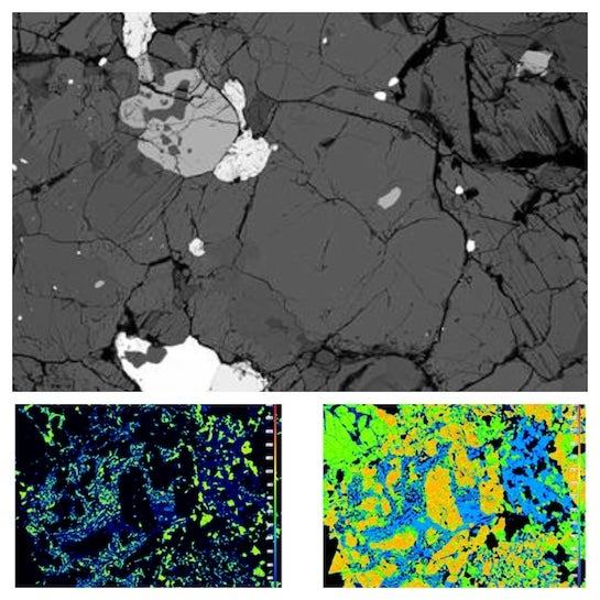 Colorful dots overlaid on a small, closeup section of a rock and the same rock section with different shades of grey in patches.