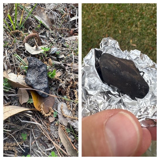 Two photos showing a black rock in a patch of grass and the same rock held in a piece of aluminum foil