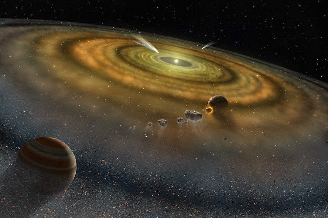 A bird's eye view of the solar system, with the sun surrounded by a thick cloud of dust