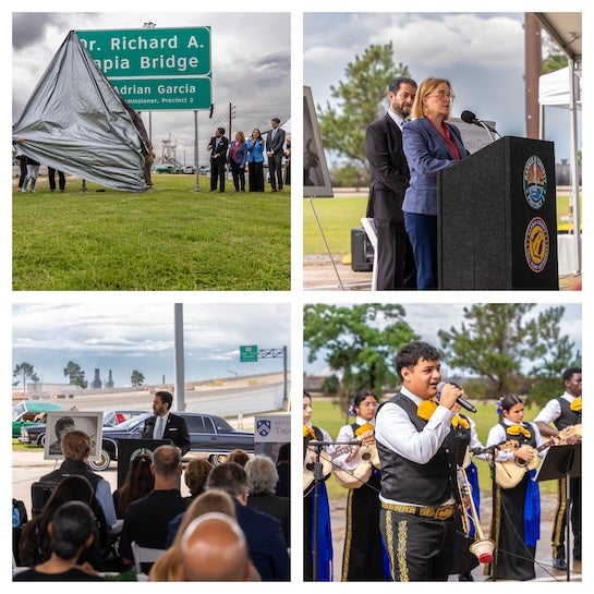 A collage shows speakers, low rider cars, a mariachi band, and the unveiling of the sign.