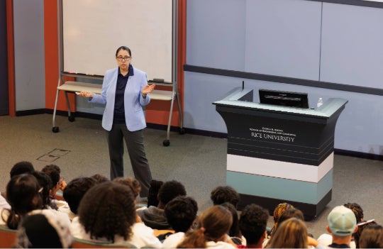 Karen Lozano teaching in a lecture hall at Rice. 