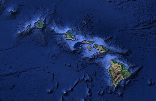 A map of the Hawaiian islands with a heat map indicating water levels overlaid
