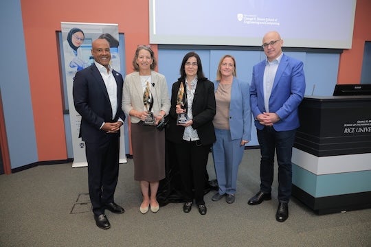 From left to right, Reginald DesRoches, Rebecca Richards-Kortum, Lydia Kavraki, Amy Dittmar and Luay Nakhleh. 