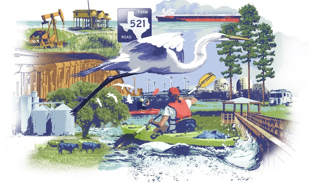 A collage featuring kayaking and birding and other coastal recreation activities