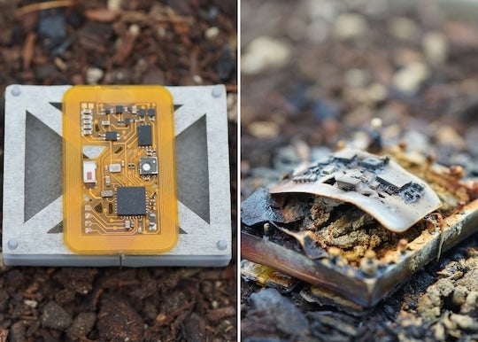 From left to right: Wireless surveillance device with integrated self-destruct ("kill switch"), and the surveillance device after activation of the self-destruct mechanism (Courtesy of Rajaram Kaveti, North Carolina State University).