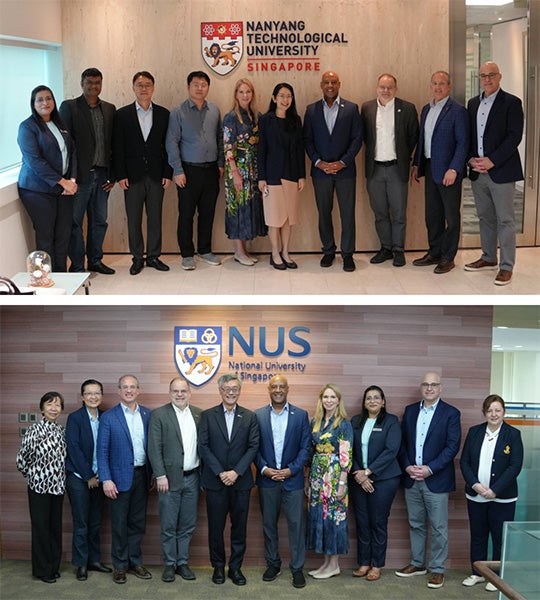 Group photos of the Rice presidential delegation with leaders from NTU and NUS