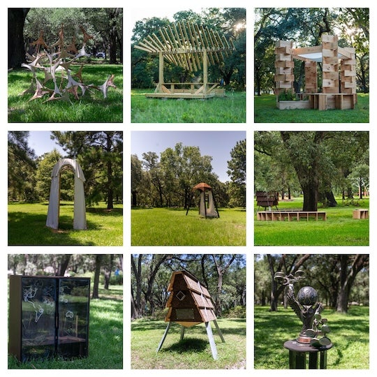 A collage of wooden and 3D printed structures set in an oak grove 