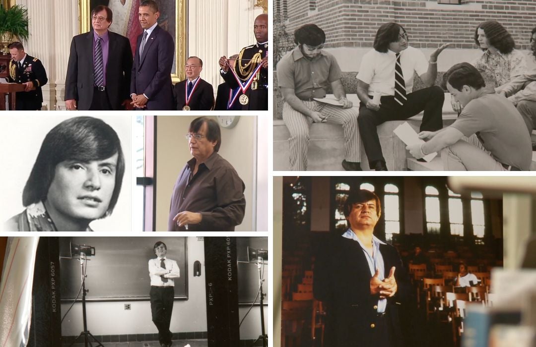 collage of photos of Tapia teaching in the classroom, being honored at a ceremony with President Barack Obama and talking with colleagues