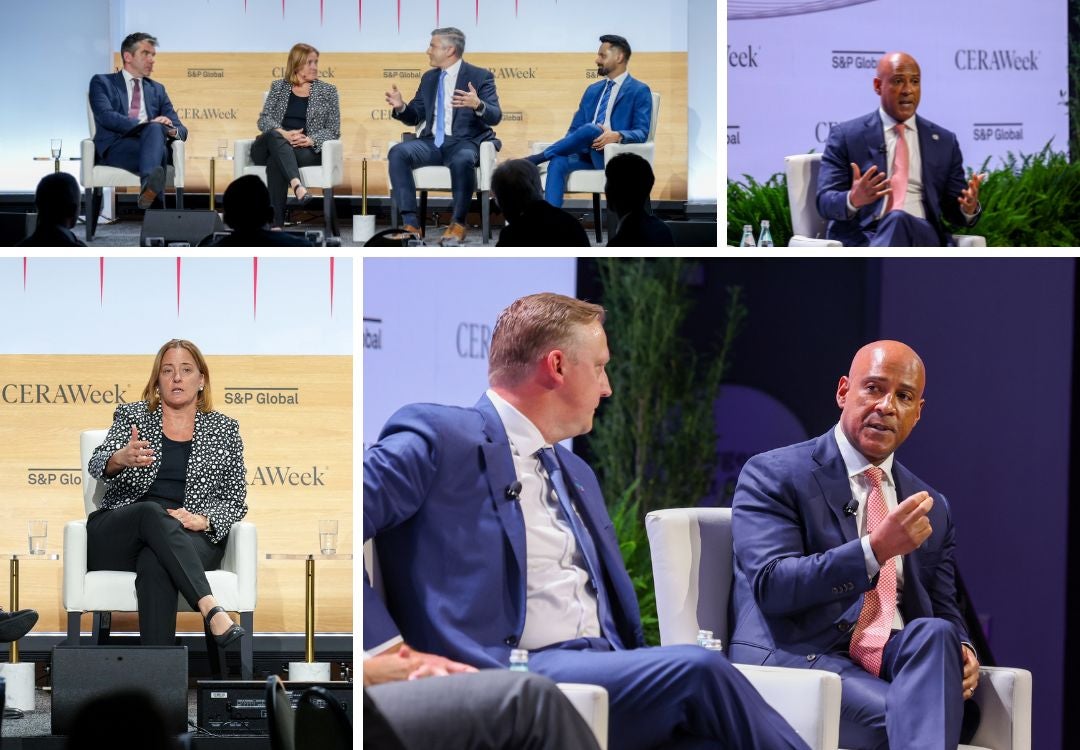 A collage of photos each showing people discussing things on a panel.