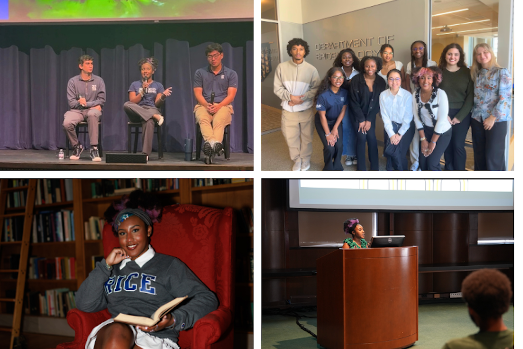 Sarai Abram, a Rice University junior and Obama-Chesky Voyager Scholar, participates in campus and community activities, including panel discussions and presentations. Her interests in history, storytelling and public service have helped shape her commitment to improving Black maternal health.