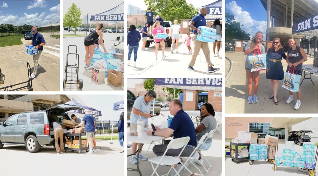Rice student-athletes and staff load donations at the Brian Patterson Sports Performance Center as part of a two-day flood relief drive supporting Central Texas communities.