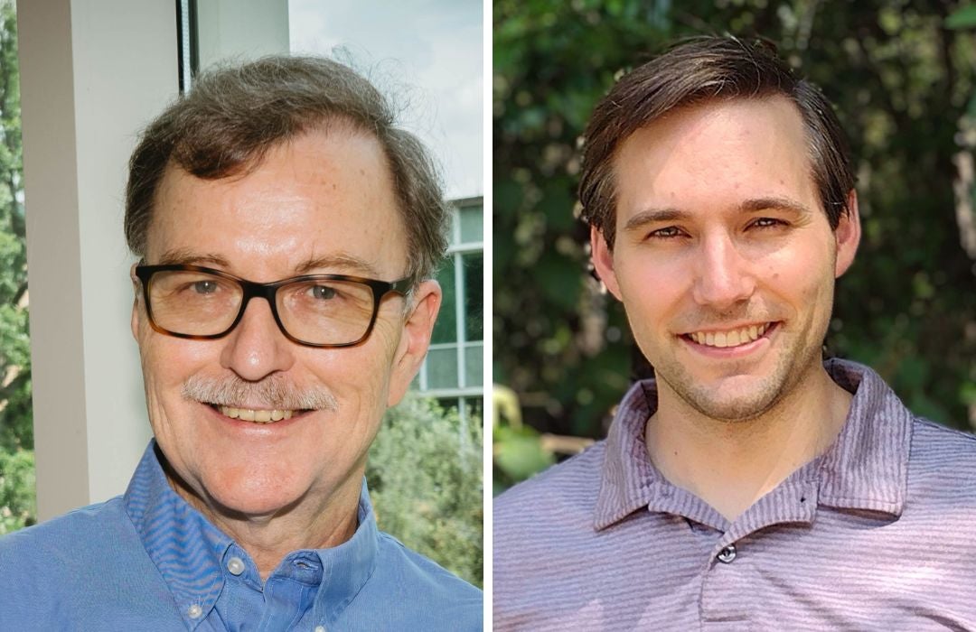 Two headshots; one of an older white man and one of a younger white man. 