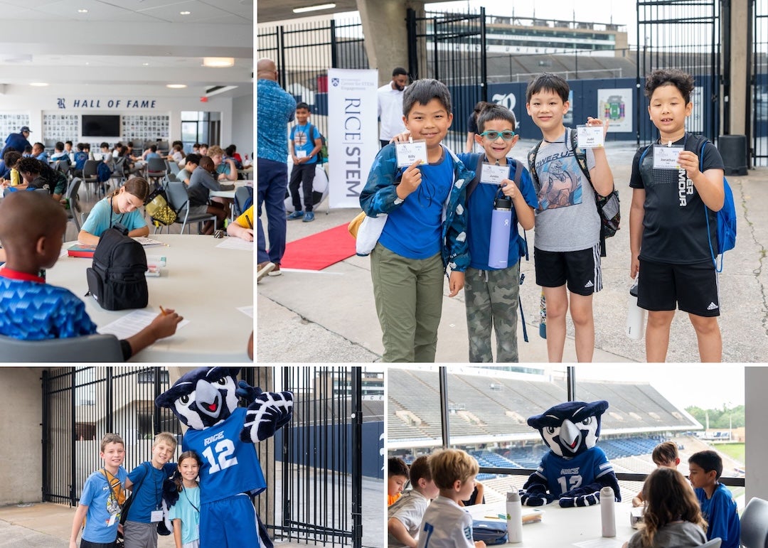 A collage of pictures featuring students at the STEM-Letics camp