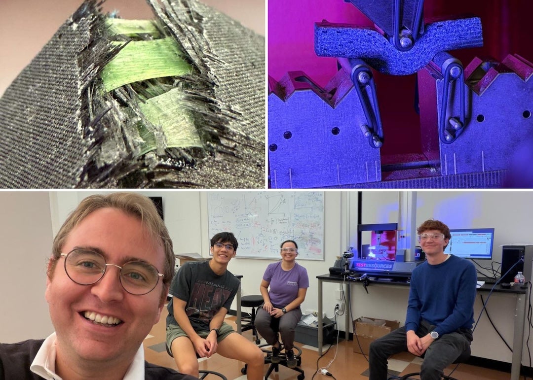 Top: provided images of the improved carbon fiber-reinforced polymer composites created by the team. Bottom: a group selfie of the team as they work on their research. 