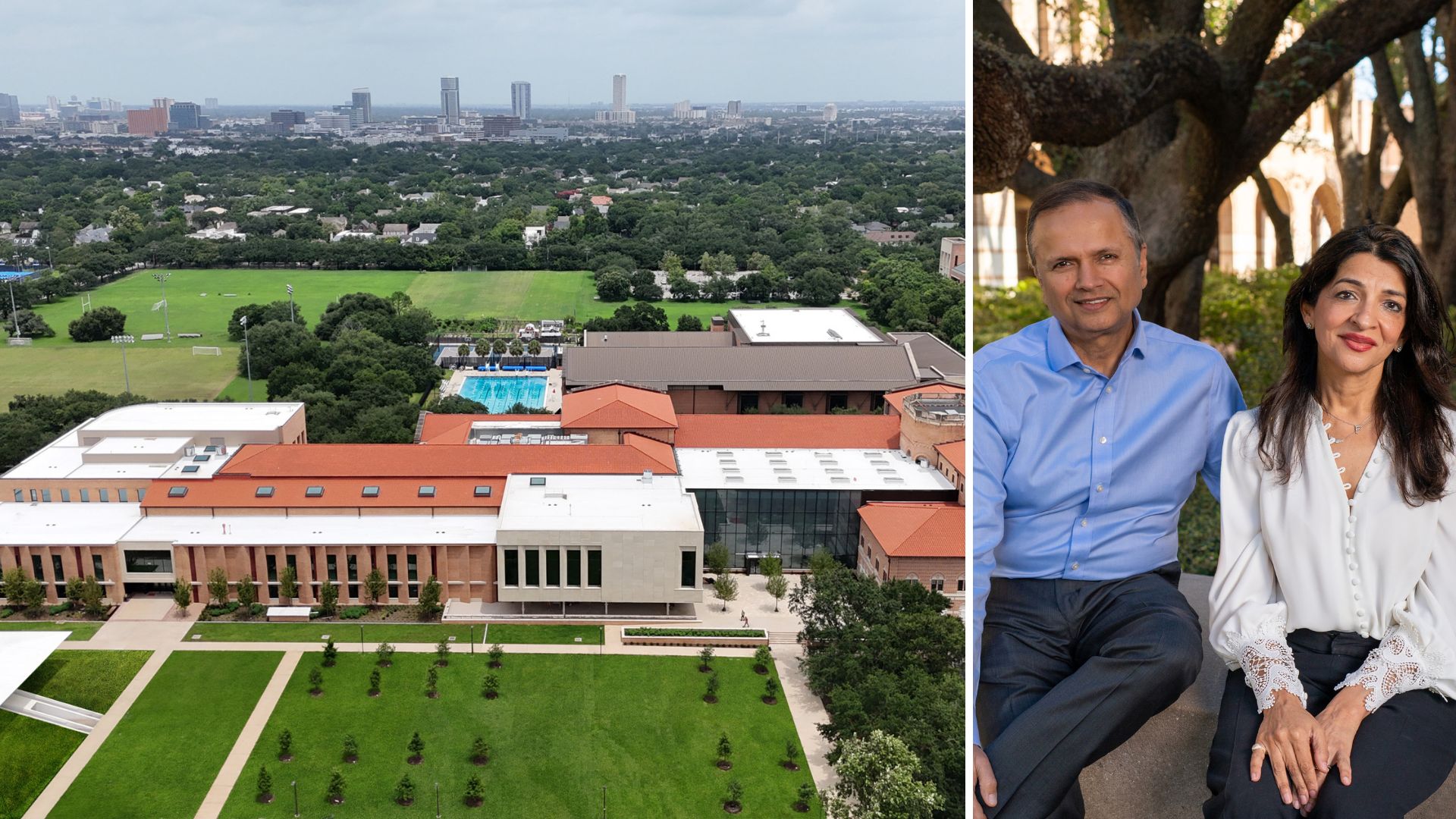 Aerial of Virani Hall side by side with Asha and Farid Virani